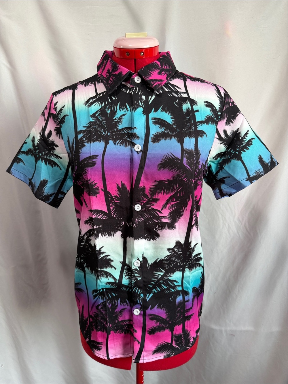 Kids Tropical Palm Button-Down Shirt - Pink Blue Gradient